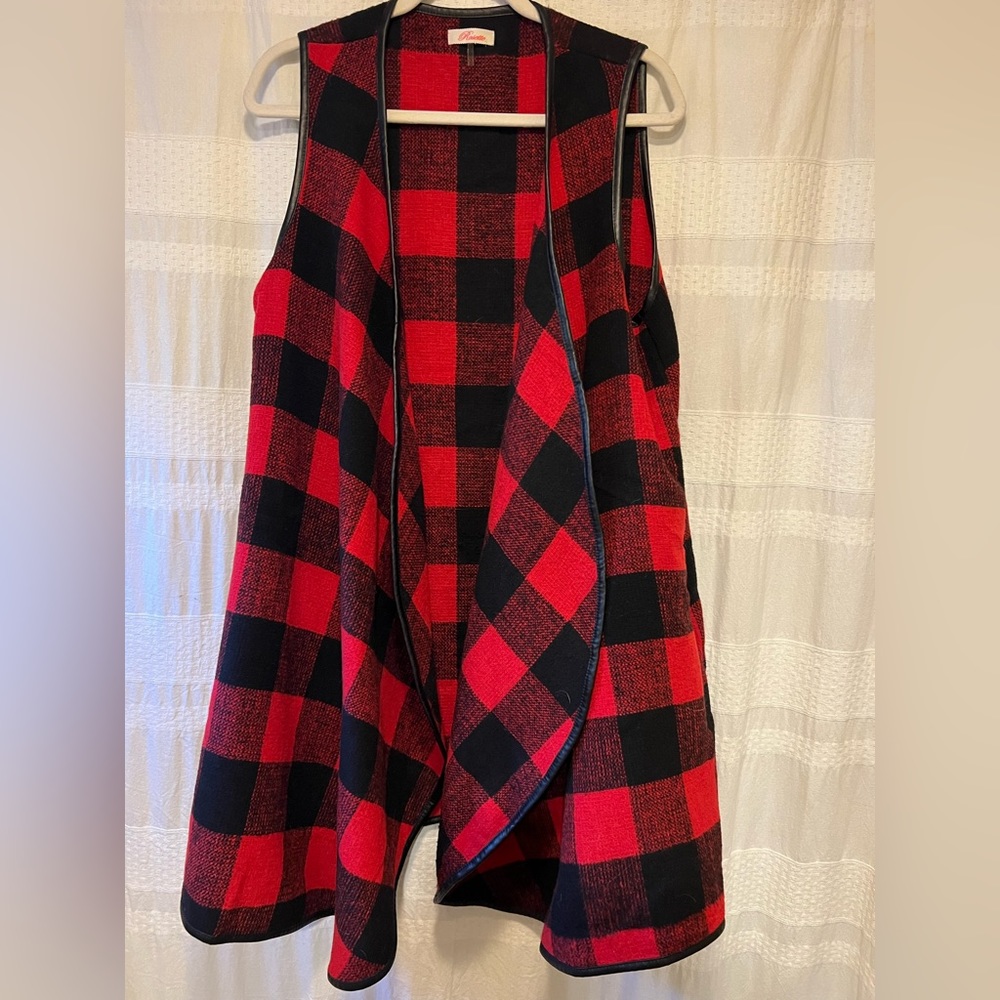 Plaid Open Front Vest - Red & Black Buffalo Check